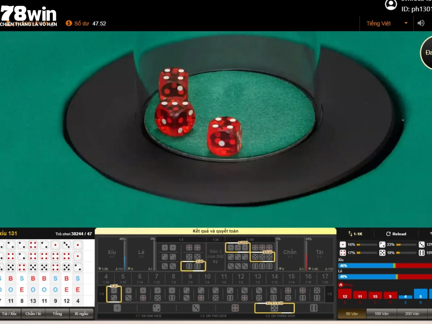 Giao diện chính trong ván cược tài xỉu 78win 