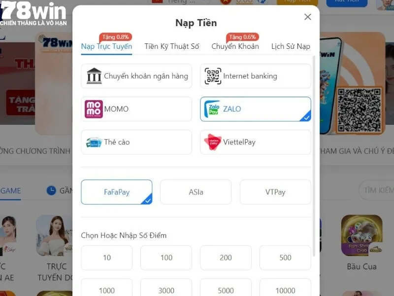 Nạp tiền 78win thông qua các ví điện tử 