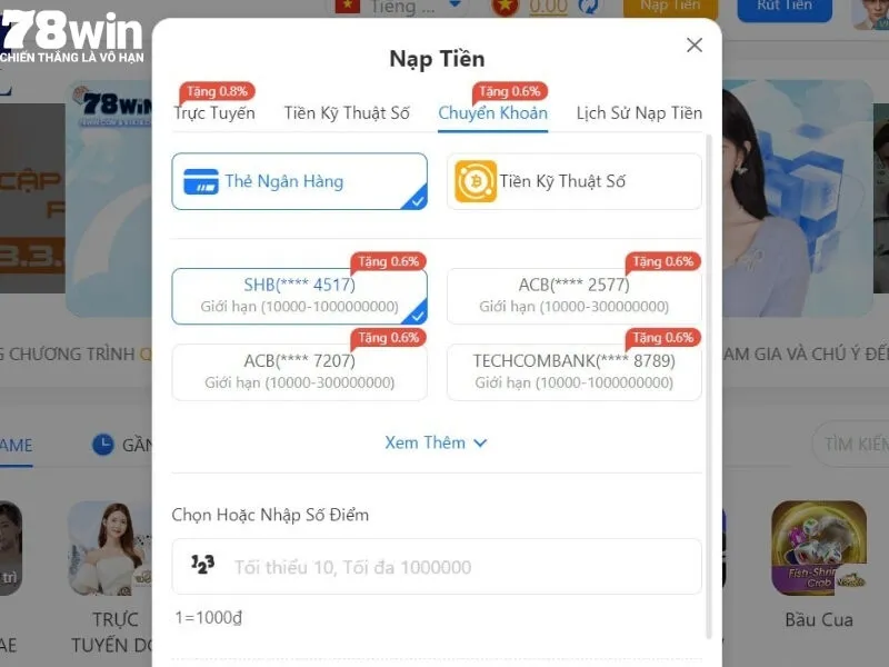Nạp tiền thông qua thẻ ngân hàng tại 78win