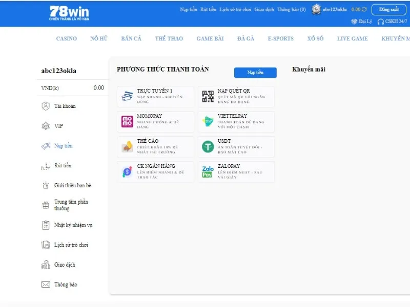Phương thức nạp tiền 78win đơn giản 